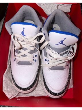 Jordan Kids Retro 3 White and Racer Blue Retro Basketball Sneakers